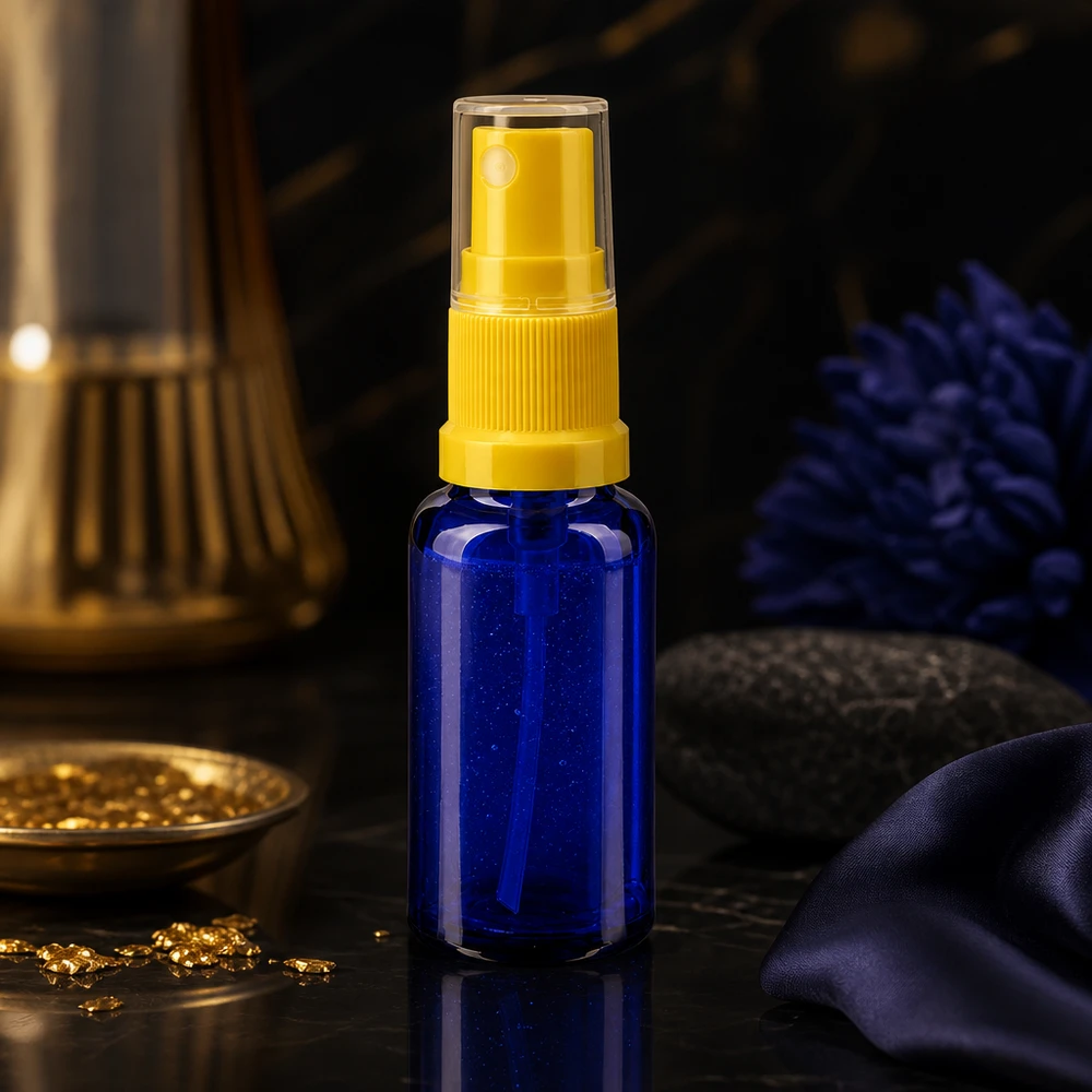 Zerstäuberflasche 20ml aus UV-schützendem blauem Glas mit gelbem Pumpspray ApoGlas