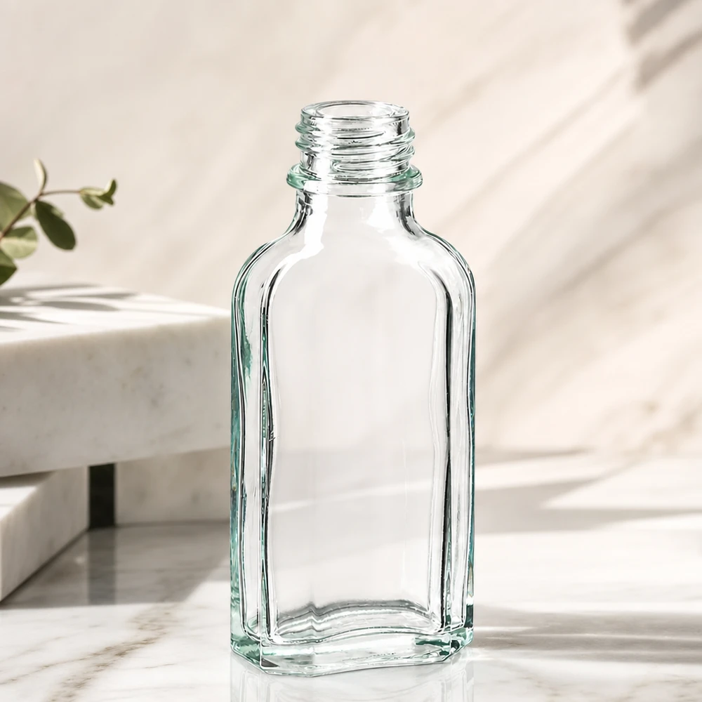 Láhev s meplatem 50 ml čirá DIN22 50 ml Reiseflasche aus Glas Meplatform klar mit engem DIN22 Verschlussgewinde