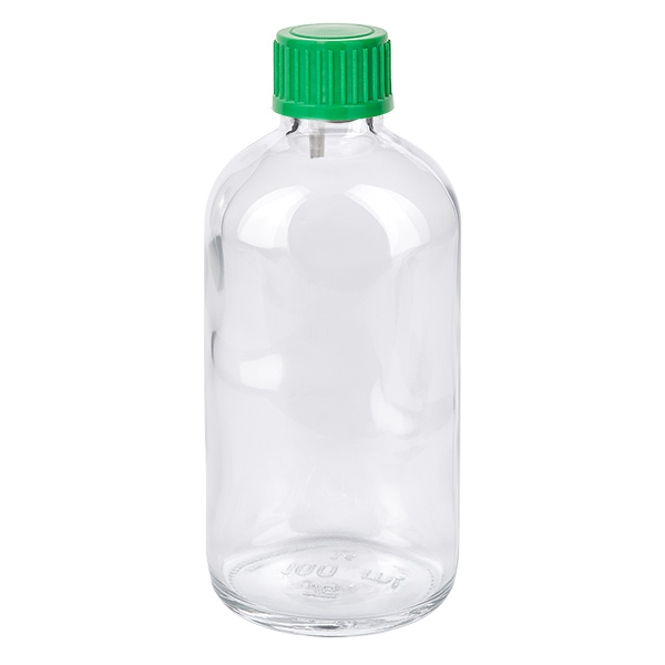 100ml lahvička s kapátkem 0,8 mm zelená standardní uzávěr ClearLine UT18/100 Zylindrische Klarglas Tropfflasche 100ml grün UT18 für pharmazeutische Anwendungen