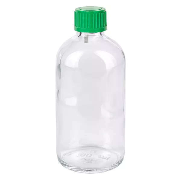 100ml lahvička s kapátkem 0,8 mm zelená standardní uzávěr ClearLine UT18/100 Zylindrische Klarglas Tropfflasche 100ml grün UT18 für pharmazeutische Anwendungen