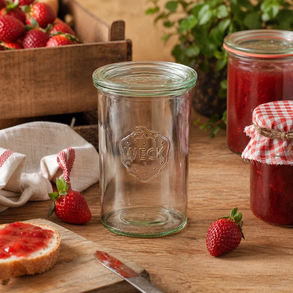 1000ml tumblery se skleněným víčkem WECK RR100 WECK Sturzglas RR100 1000ml in rustikaler Küche mit Erdbeeren und selbstgemachter Marmelade dekorativ arrangiert