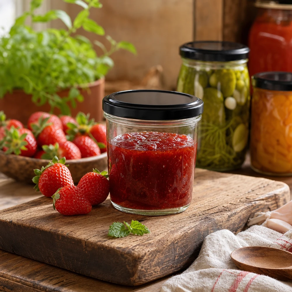 230ml tumblery s víčkem BasicSeal černé UNiTWIST. 230ml Sturzglas mit Erdbeermarmelade auf Holzbrett zeigt praktische Küchenverwendung des BasicSeal Deckels
