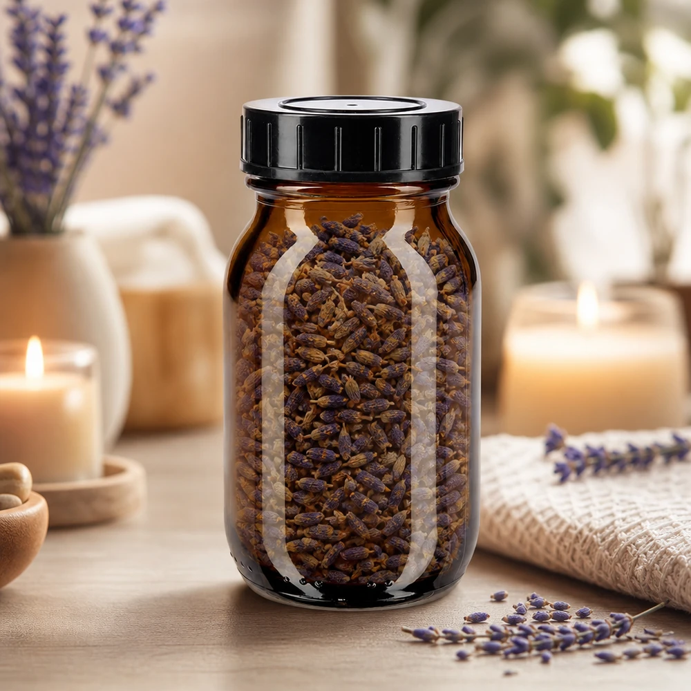 100ml láhev se širokým hrdlem jantarové sklo se šroubovacím uzávěrem Premium Weithalsglas 100ml aus dunklem Braunglas mit festem Schraubdeckel für Aromaschutz