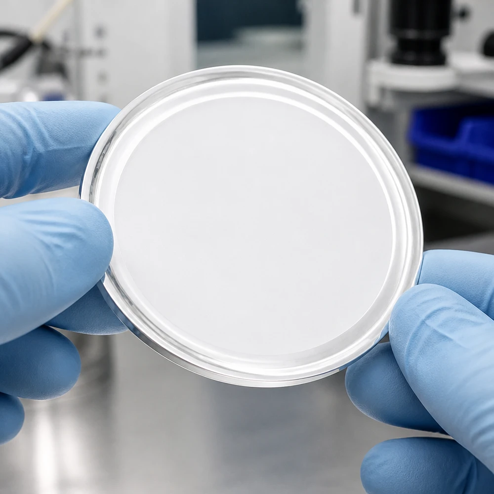 Laboratorní pohled na bílé víčko TO66 BasicSeal 66 mm UNiTWIST držené v modrých ochranných rukavicích