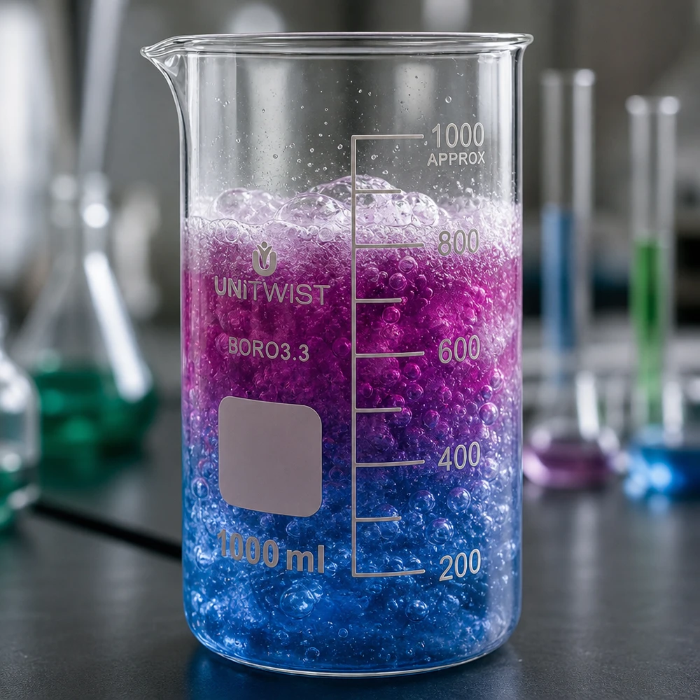 Kádinka 1000 ml borosilikátová, vysoká forma UNiTWIST UNITWIST Becherglas hohe Form 1000ml Borosilikat mit farbiger schäumender Chemikalie gefüllt