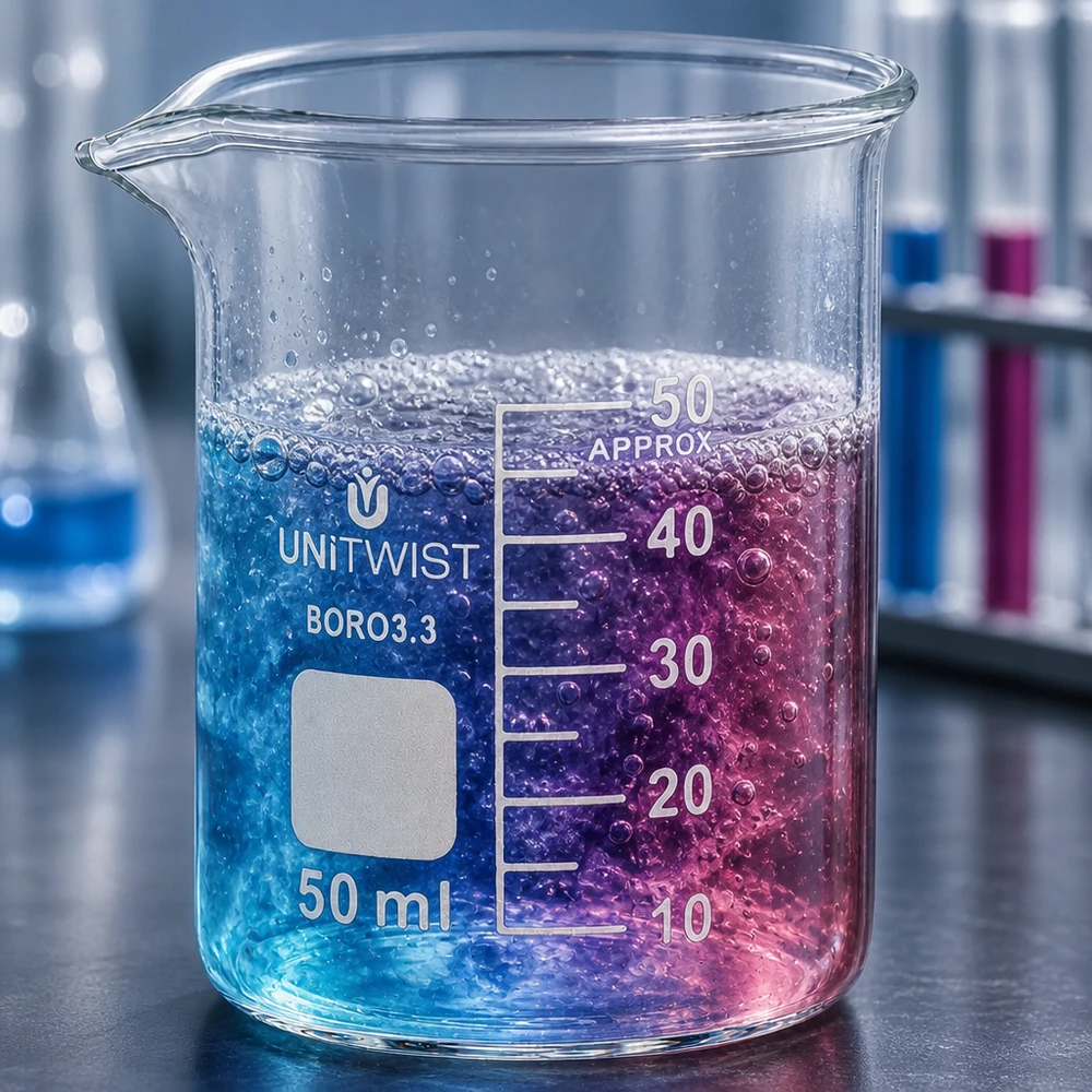 Kádinka 50ml borosilikátová, nízká forma UNiTWIST Laborbecherglas 50ml UNiTWIST mit zweifarbiger Flüssigkeit blau violett und Reagenzgläsern im Hintergrund