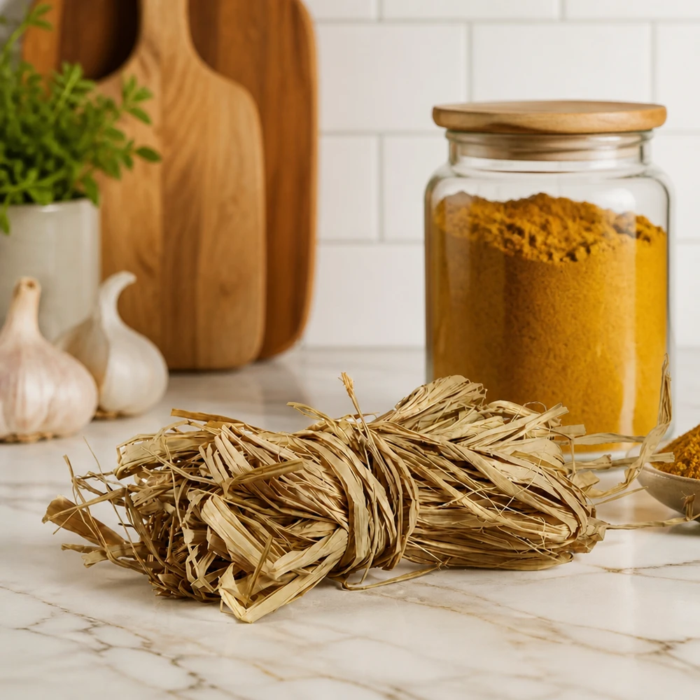 Přírodní rafie na zdobení 30g Naturbast 30g goldbeige auf Marmorarbeitsplatte mit Küchenutensilien zeigt natürliche Dekofasern für Haushalt