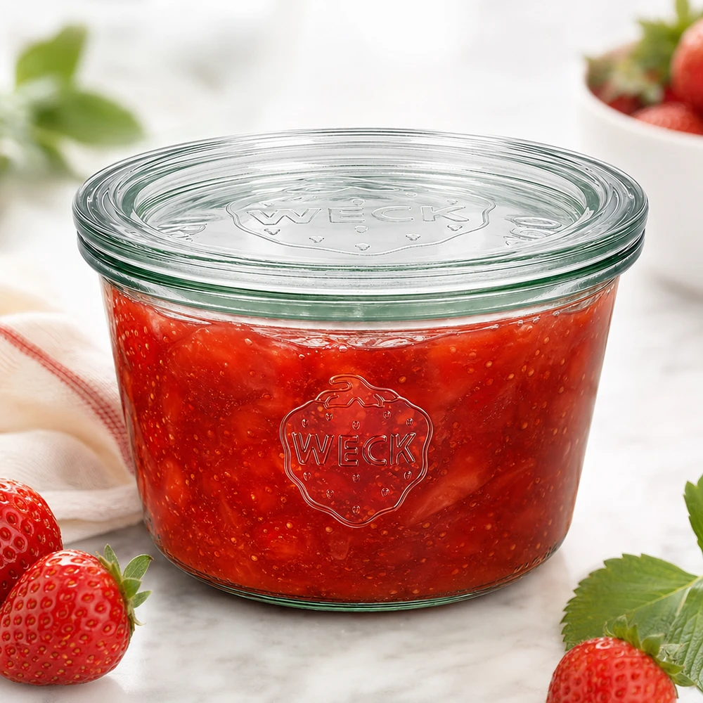Zavařovací sklenice 370ml se skleněným víčkem WECK RR100 WECK Sturzglas 370ml RR100 gefüllt mit roter Erdbeermarmelade umgeben von frischen Erdbeeren auf weißer Oberfläche