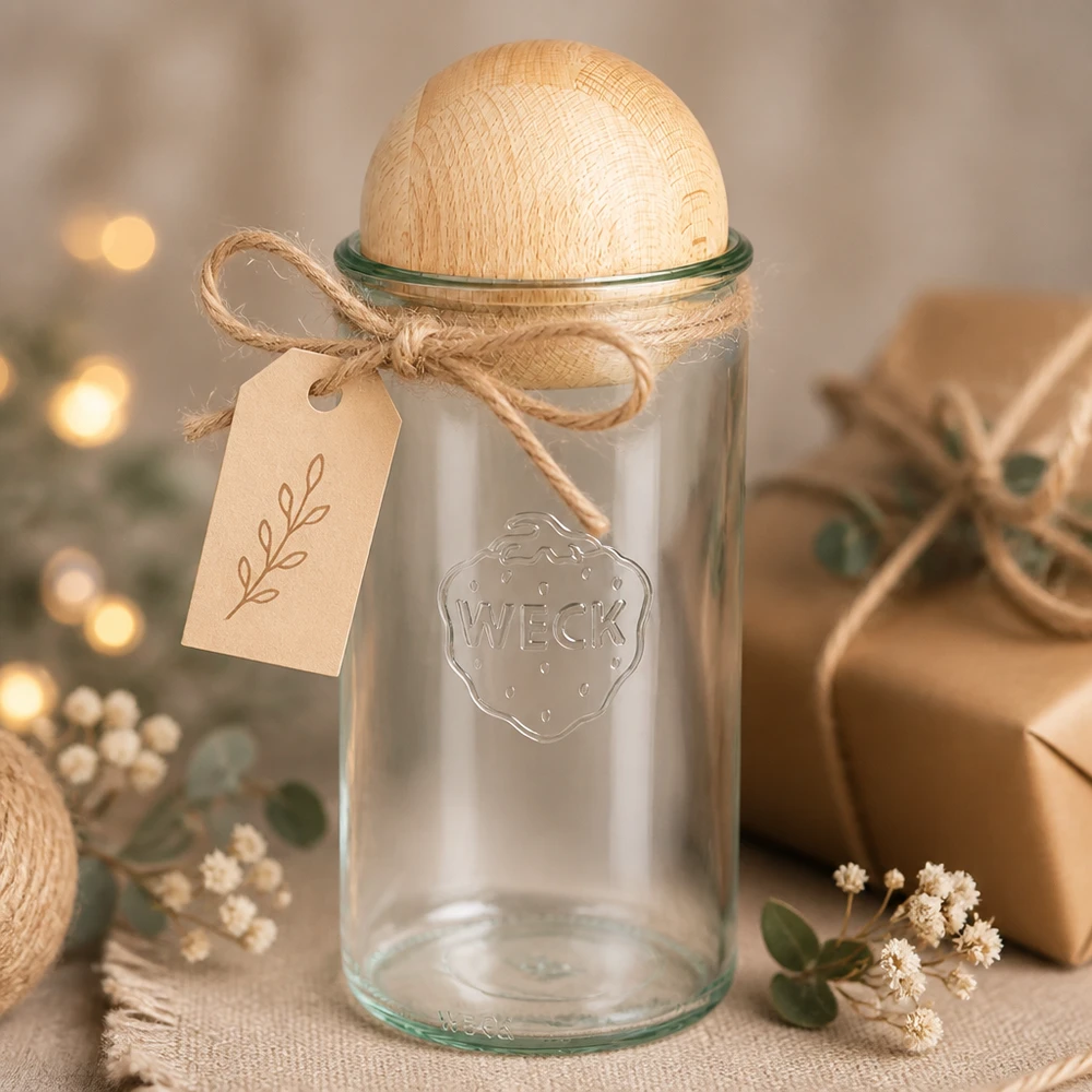 1590ml cylindrická sklenice WECK RR100 s dřevěnou kuličkou buk. WECK Einmachglas 1590ml RR100 mit Buchenholzkugel als Geschenkidee mit Anhänger in gemütlicher Deko-Atmosphäre