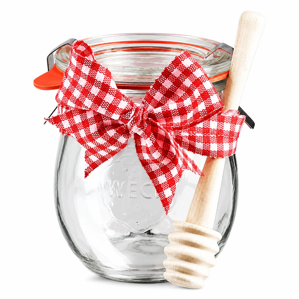 WECK Mini Tulpenglas 220ml mit Deckel, roter Schleife und Honiglöffel aus Holz, Einmachglas Set komplett