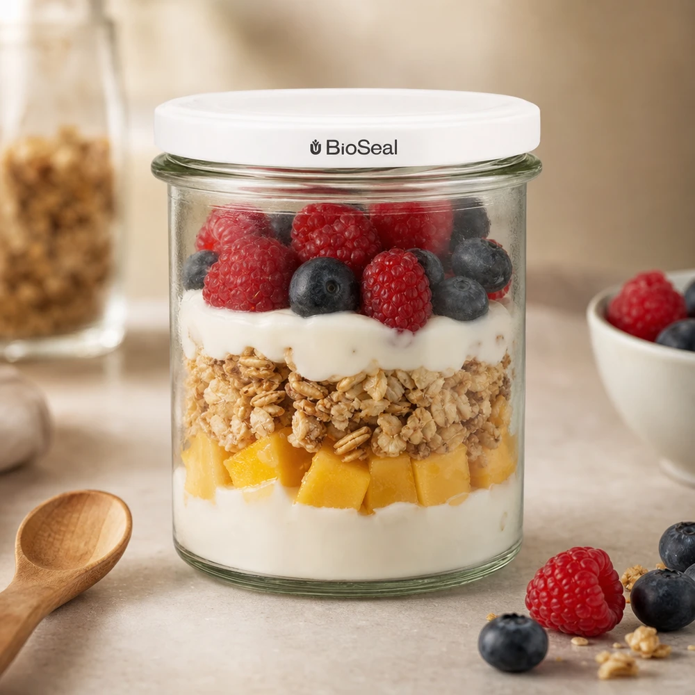 Tumbler o objemu 350 ml s bílým víkem UNiTWIST BioSeal. UNiTWIST Sturz350 als stylisches Dessertglas mit Beeren Granola und Joghurt zeigt moderne Küchenästhetik TO82 BioSeal