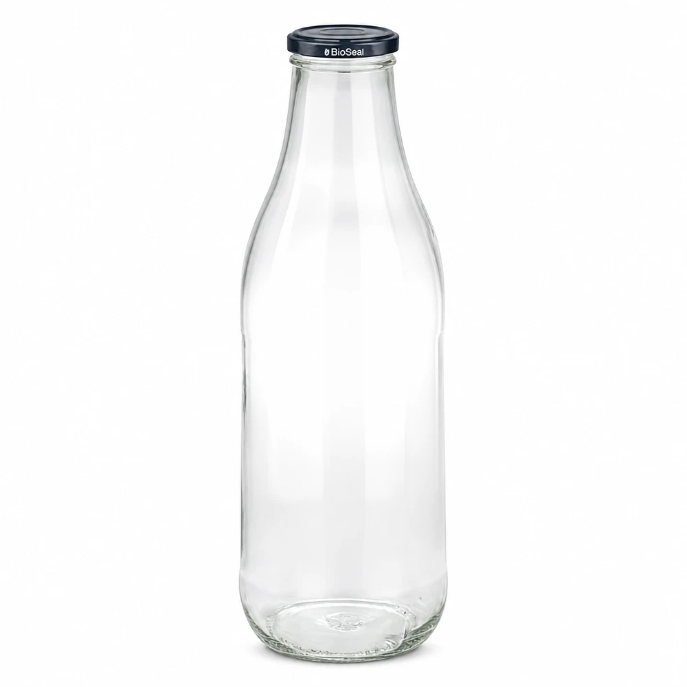 1000ml skleněná láhev + víčko BioSeal černé UNiTWIST 1000ml Glasflasche mit schwarzem BioSeal Deckel leer transparent Milchflasche Saftflasche nachhaltig