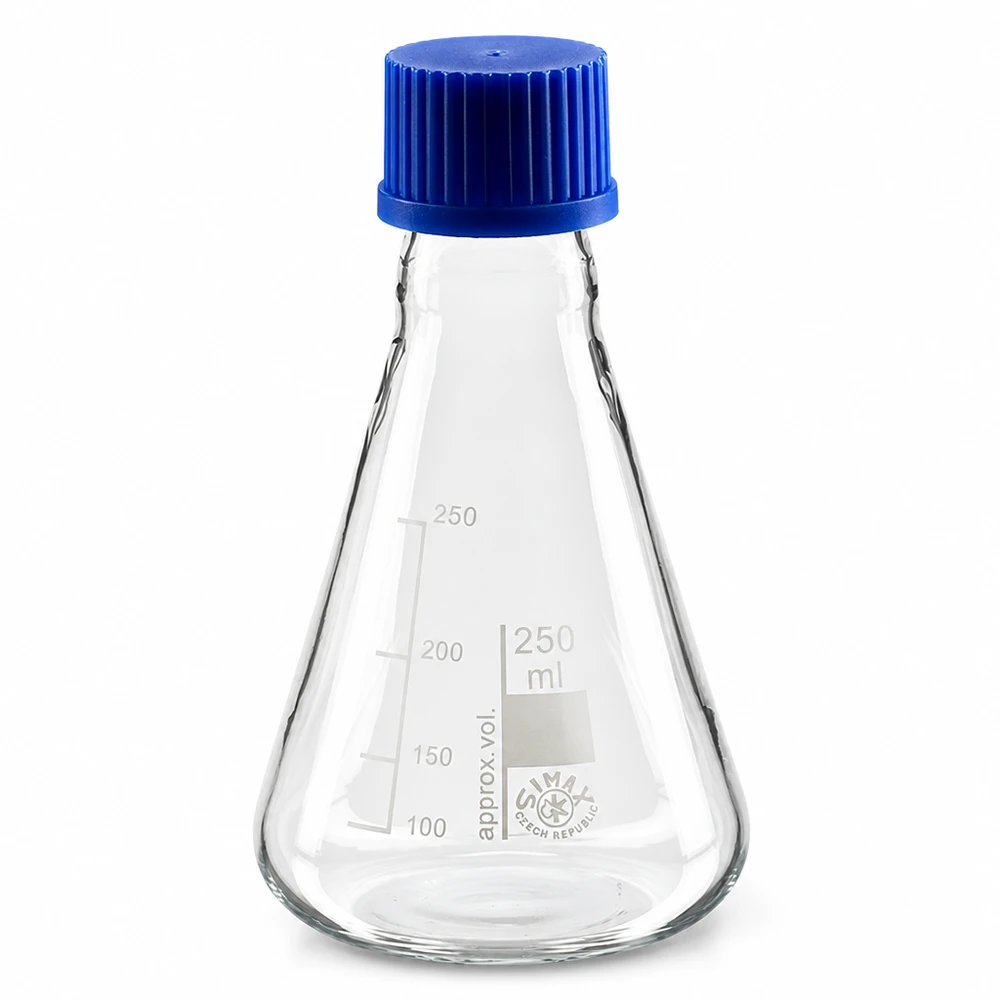Erlenmeyerova baňka 250ml se šroubovacím uzávěrem Glaskolben 250ml in konischer Form mit blauem Kunststoffverschluss für das Labor