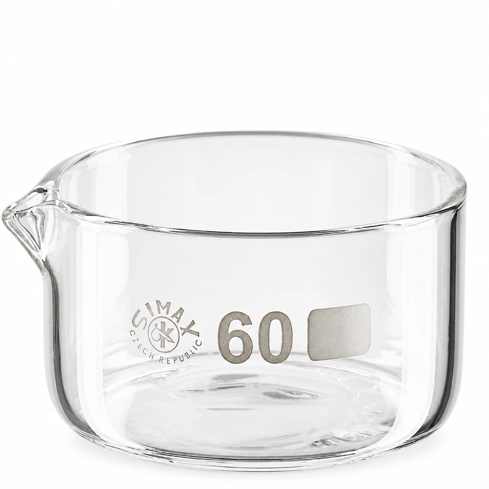 60ml krystalizační miska s borosilikátovou výlevkou ø60mm Transparente Kristallisierschale Borosilikatglas 60ml zylindrisch mit Glasausguss Laborqualität