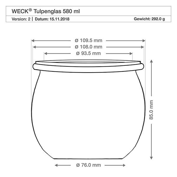 580ml tulipánová sklenice se skleněným víčkem WECK RR100 Technische Zeichnung WECK Tulpenglas 580ml RR100 mit Maßangaben und Abmessungen für Holzkugel-Deckel
