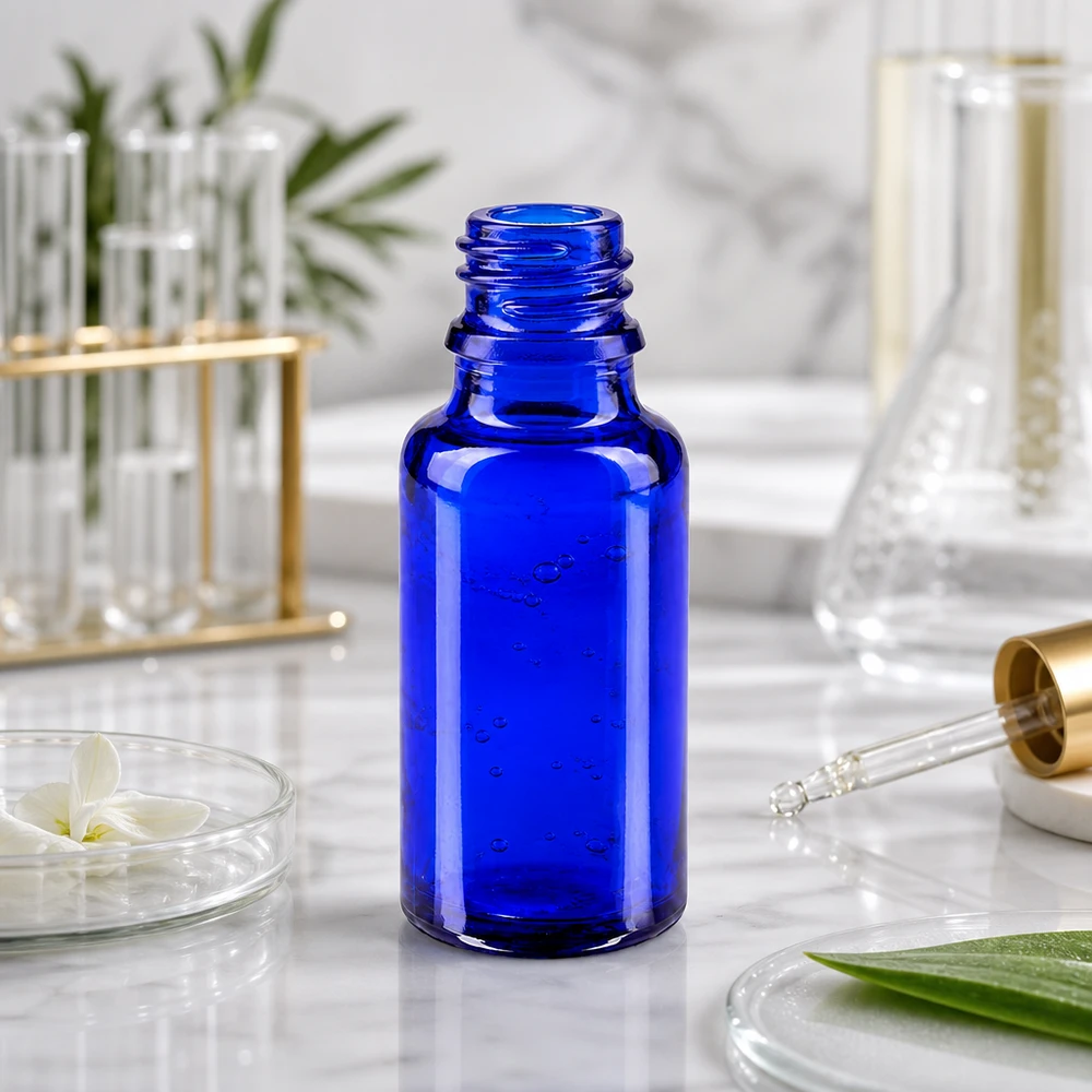 20ml ApoGlas Flasche in intensivem Blau mit glatter Oberfläche für professionelle Etikettierung