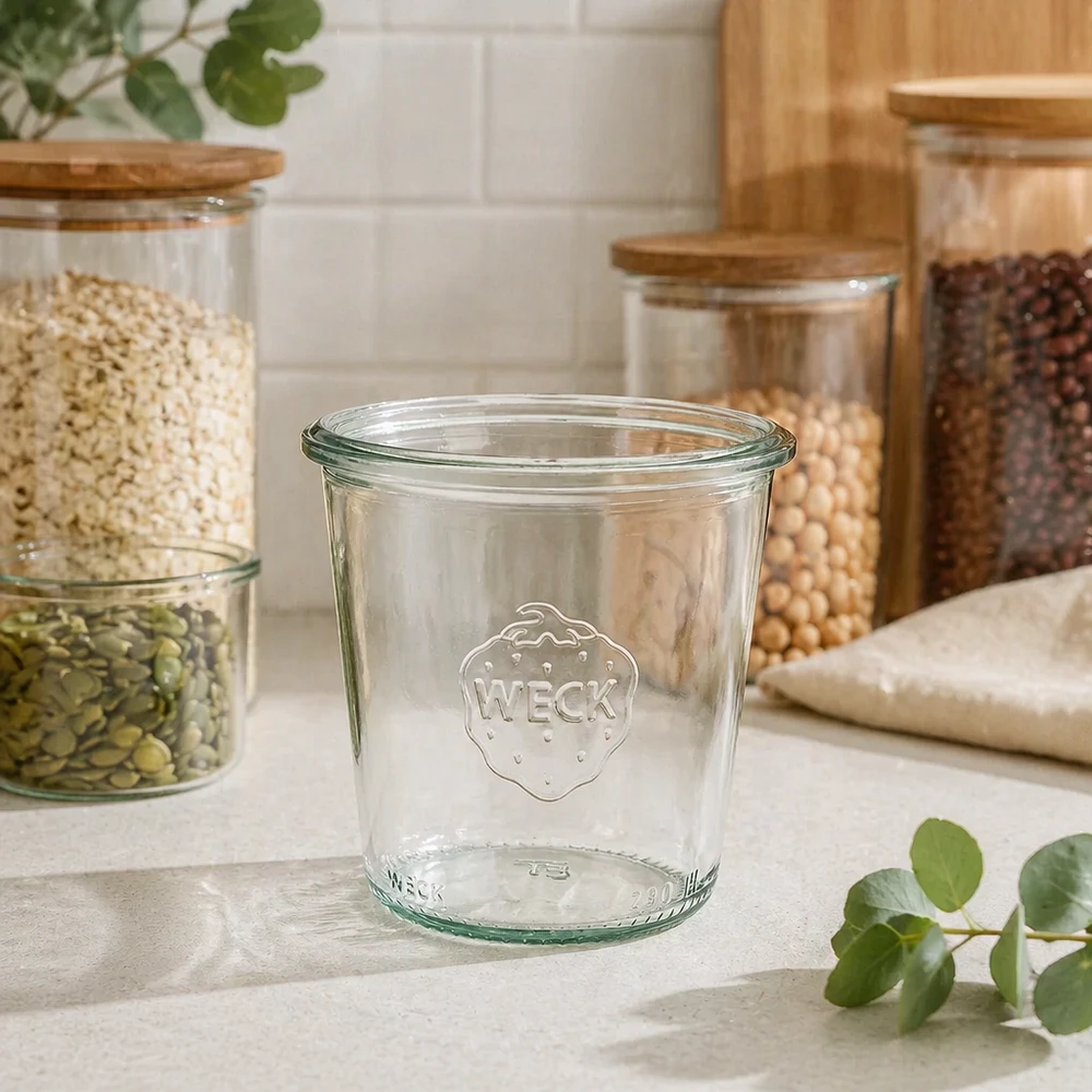 290ml vysoké sklenice WECK RR80 s dřevěným víčkem. 290ml WECK Sturzglas RR80 hoch aus Glas für Küche Vorratshaltung Einmachen auf weißer Arbeitsplatte mit Vorrätsgläsern