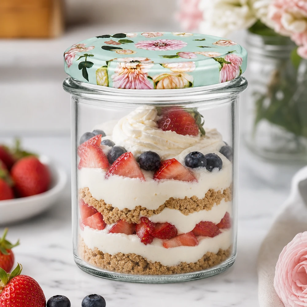 350ml kelímky + víčko BasicSeal flower mint UNiTWIST 350ml Sturzglas mit mint Blumendeckel als Dessertglas für Schichtdessert mit Beeren und Sahne verwendet