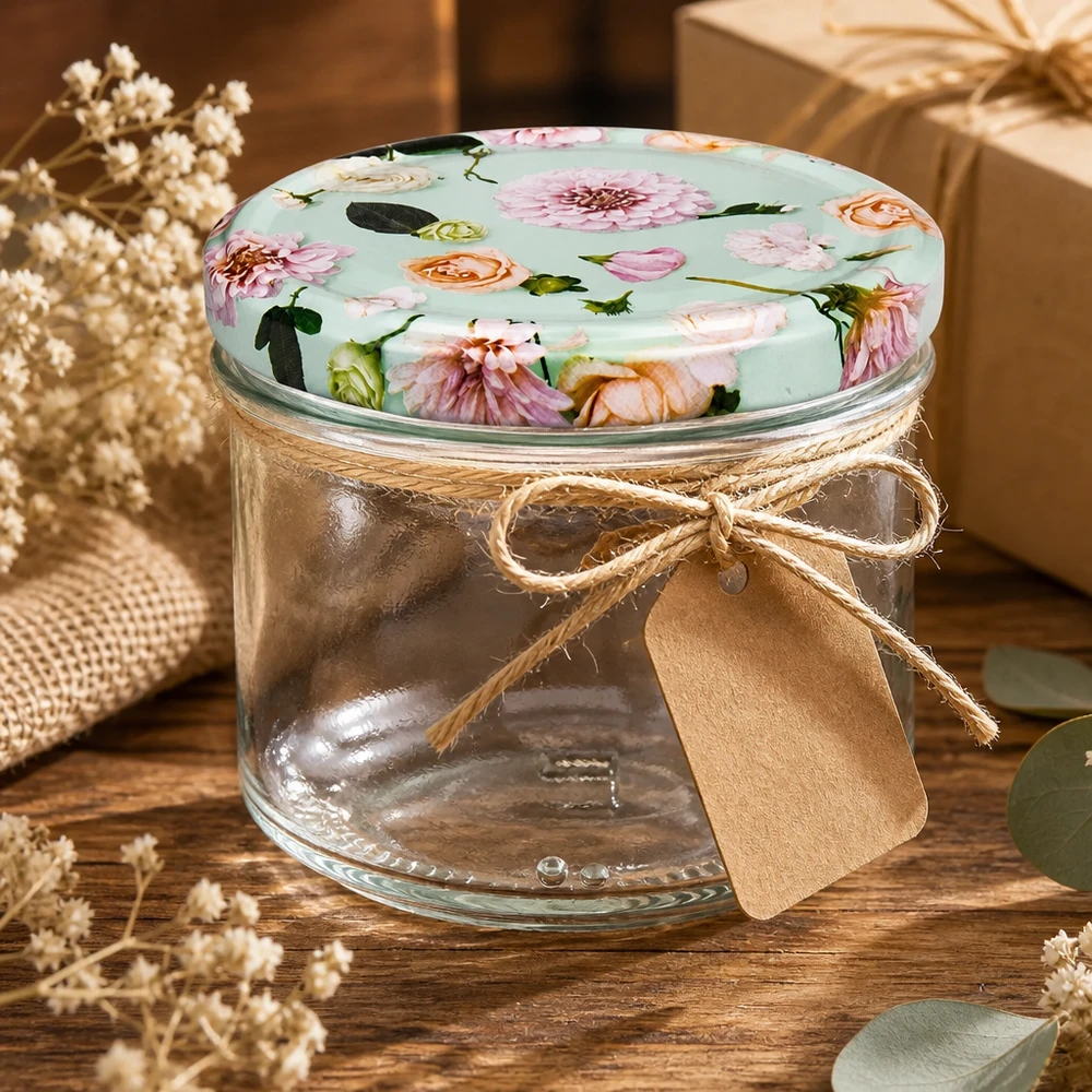230ml válcová sklenice + víčko BasicSeal flower mint Leeres 230ml Zylinderglas mit BasicSeal Deckel Blume mint als Geschenkidee - Vorratsglas mit Juteschleife dekoriert