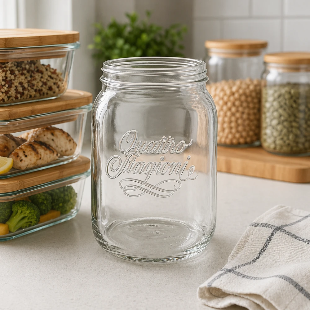 2000ml kulatá zavařovací sklenice "Quattro Stagioni" QS110mm 2000ml Quattro Stagioni Haushaltsglas mit Schriftzug in moderner Küche zwischen Vorratsgläsern und Küchenorganisation