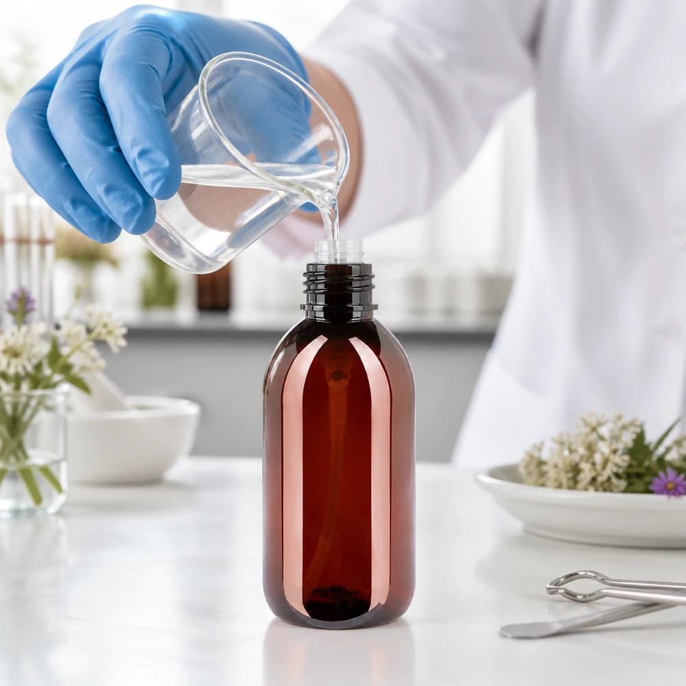 PET láhev 250ml s dávkovací pumpičkou černá Hnědá PET láhev o objemu 250 ml s černým dávkovacím čerpadlem se v laboratoři plní čirou kapalinou