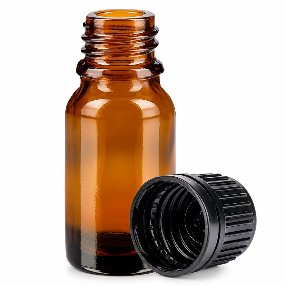 10ml lahvička 11mm šroubovací uzávěr černý tamper evident BrownLine UT18/10 Vielseitige 10ml Braunglasflasche für Parfum und Essenzen mit stabilem 11mm Gewinde