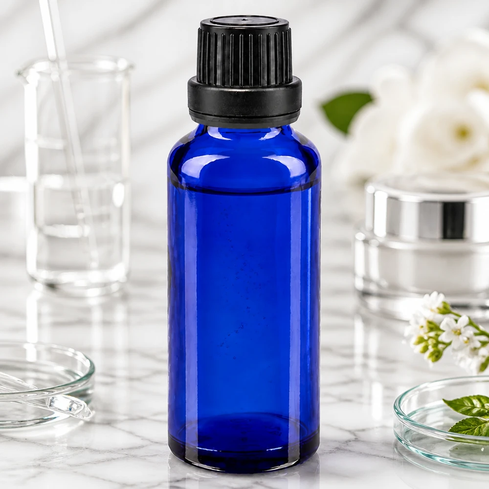 Lékárenská láhev modrá 30ml šroubovací uzávěr černá těsnicí vložka tamper evident uzávěr. Professionelle blaue 30ml Apothekerflasche mit SV OV für Öle Tinkturen und Essenzen