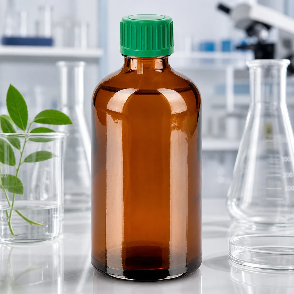 100ml láhev 11mm šroubovací uzávěr zelený tamper evidentní uzávěr BrownLine UT18/100 Robuste 100ml Glasflasche in Braun mit grünem Verschluss für langfristige Lagerung