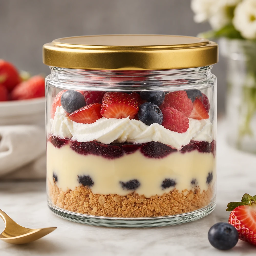 540ml Rundglas mit BasicSeal Deckel gold als Dessertglas mit Schichtnachtisch Beeren und Sahne gefüllt