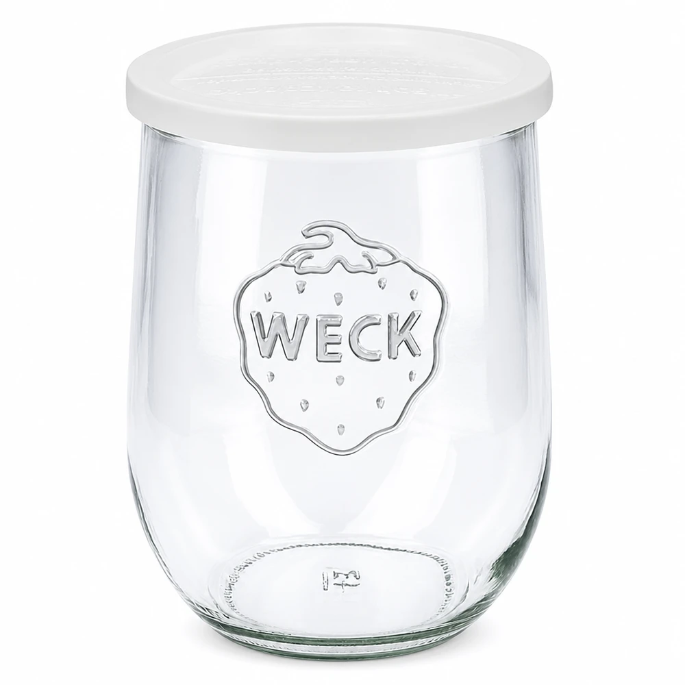 1062ml tulipánová sklenice se skleněným víčkem WECK RR100 pro zachování čerstvosti. WECK Tulpenglas 1062ml mit weißem Frischedeckel RR100 Einmachglas mit Logo transparent