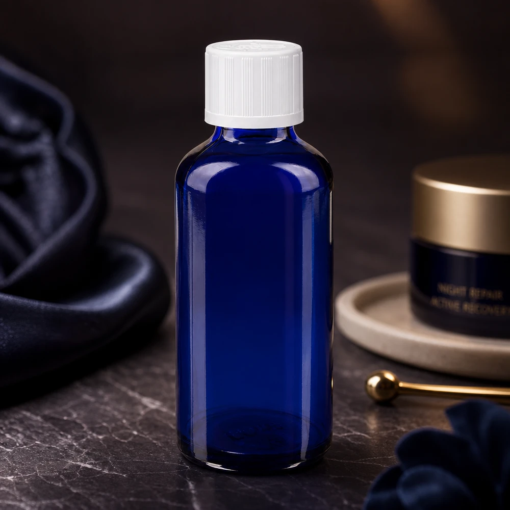 Zylindrische blaue Glasflasche 50ml mit geripptem weißem Kindersicherheitsverschluss 11mm