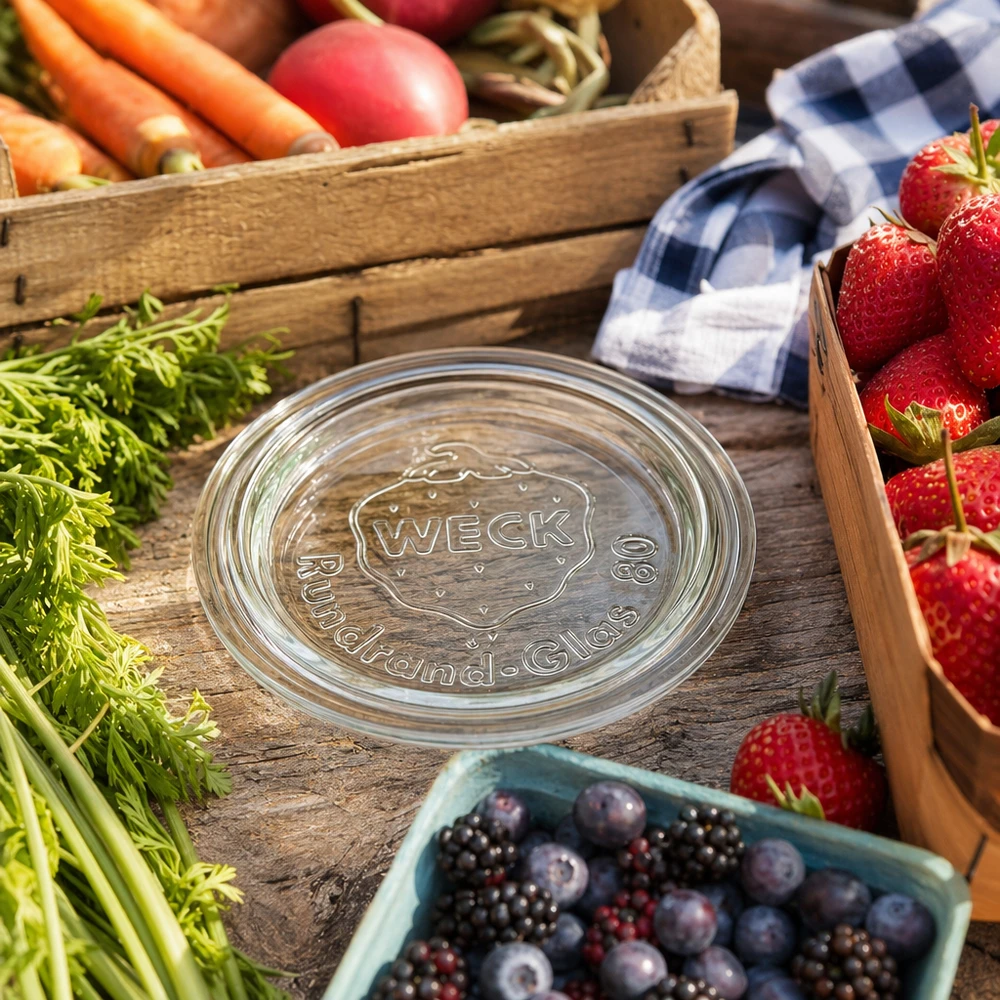 Víko na zavařování WECK RR80 WECK Glasdeckel RR80 mit Logo-Prägung zwischen frischen Erdbeeren Karotten und Beeren auf rustikalem Holz