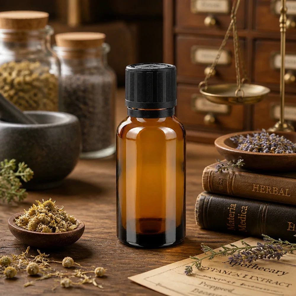 Apotheken Braunglasflasche 20ml mit 1mm Präzisionstropfer und antikem Apothekenambiente