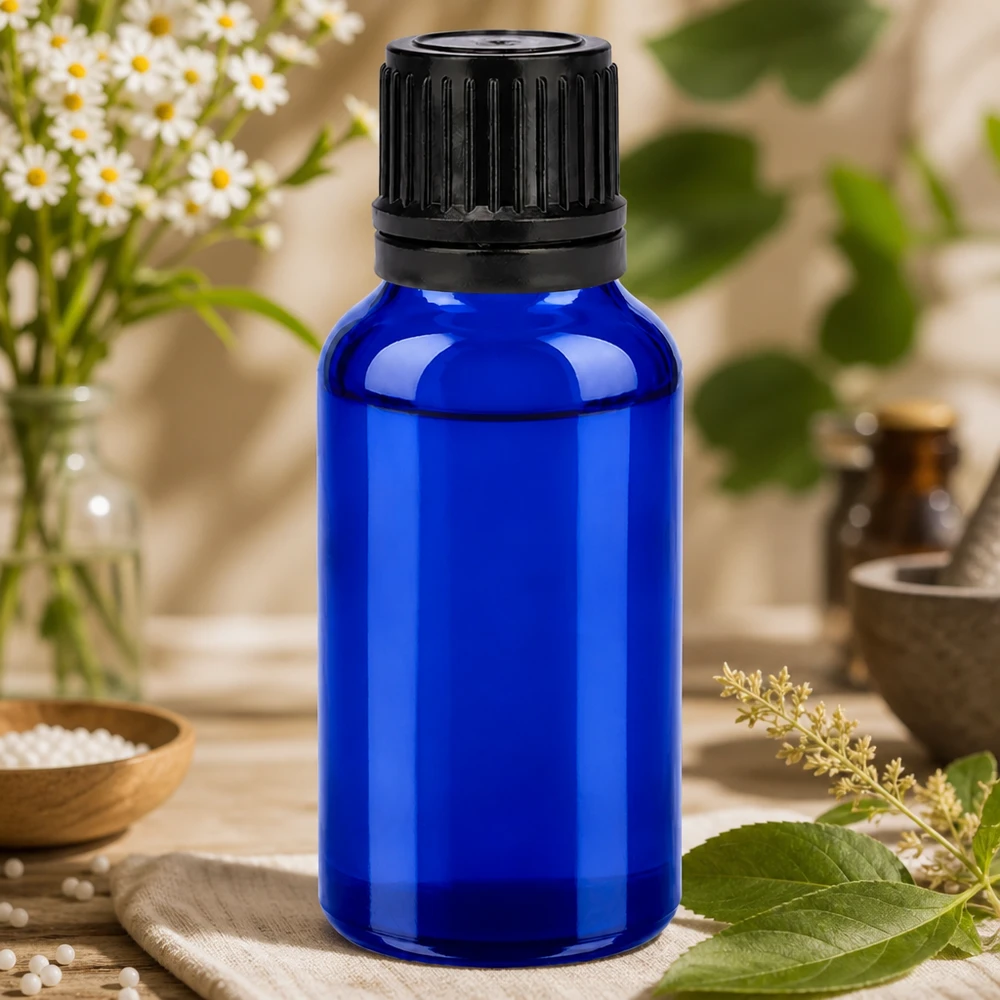 Robuste 20ml Blauglasflasche mit rutschfestem schwarzen Schraubdeckel für sichere Aufbewahrung