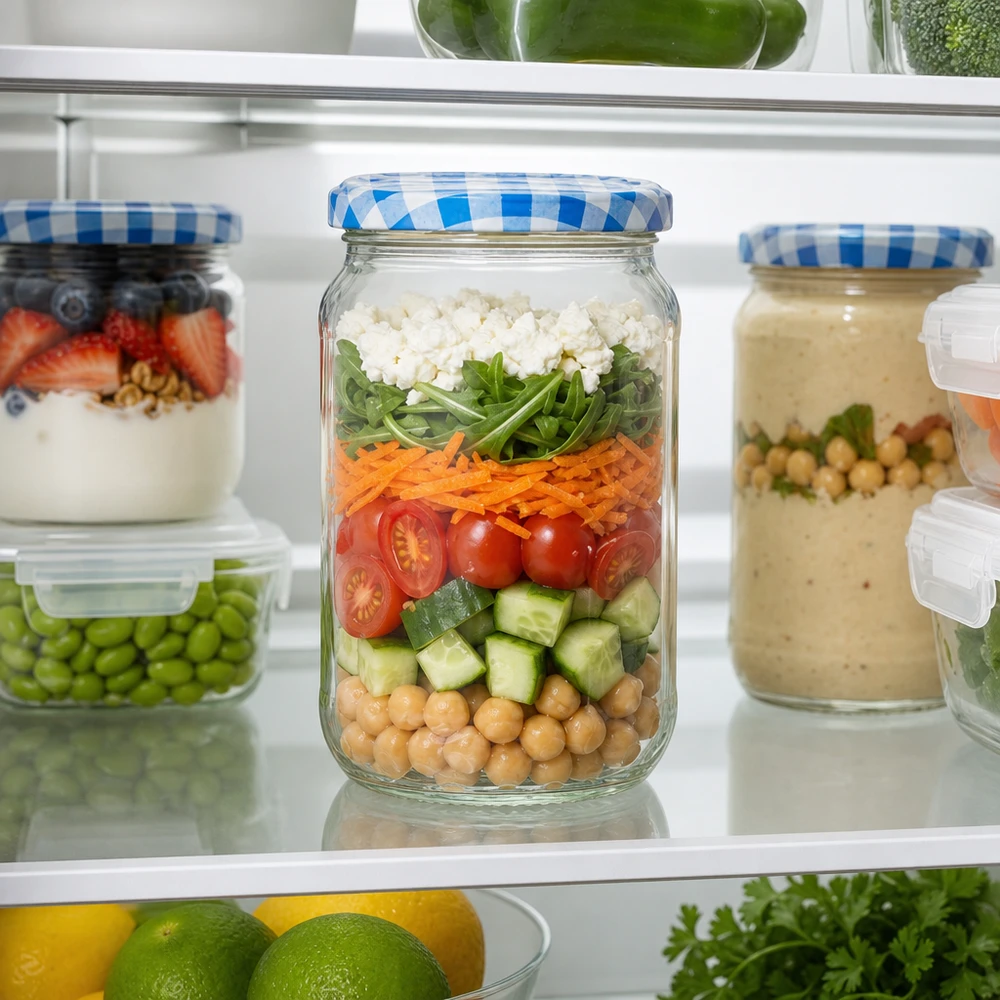 1062ml Rundglas gefüllt mit Schichtsalat im Kühlschrank, praktische Meal-Prep-Lösung mit BasicSeal Deckel