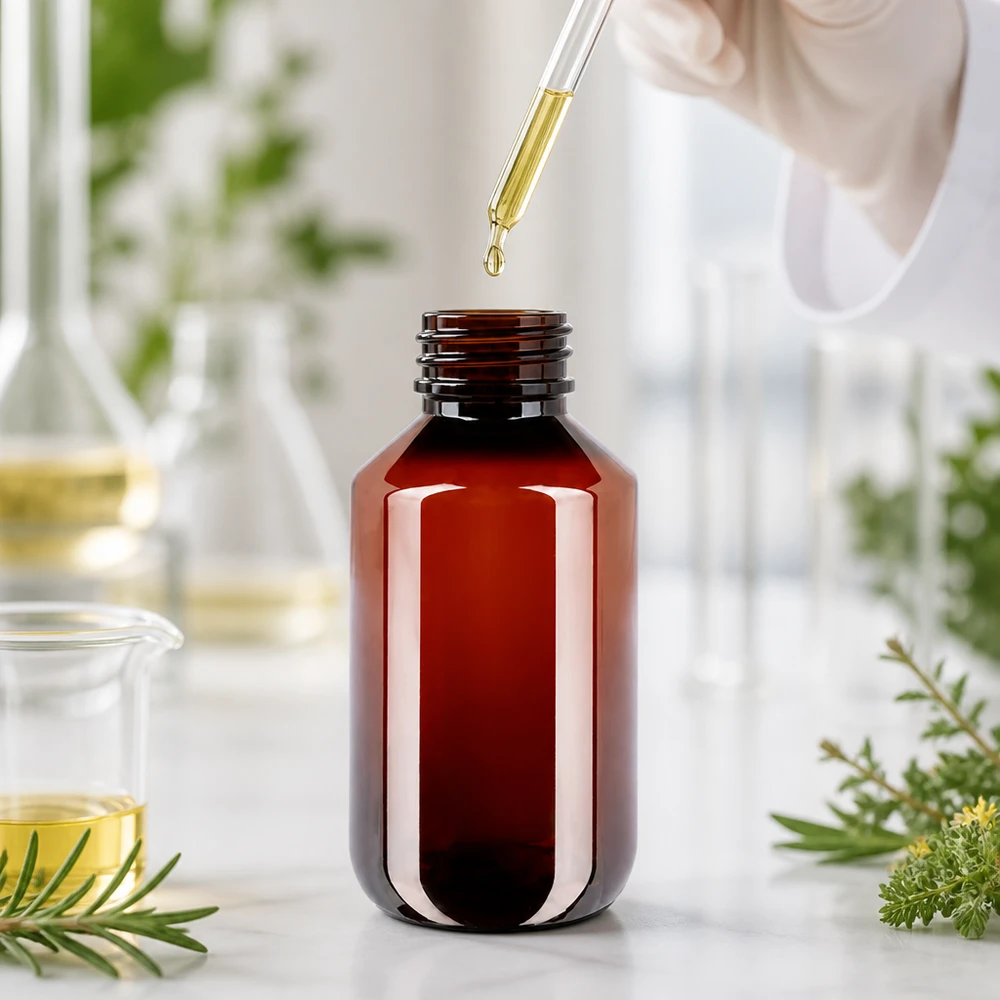 PET láhev 200ml se standardním bílým uzávěrem s pojistkou proti manipulaci Jantarově zbarvená plastová lahvička o objemu 200 ml s kapátkem v moderním laboratorním prostředí