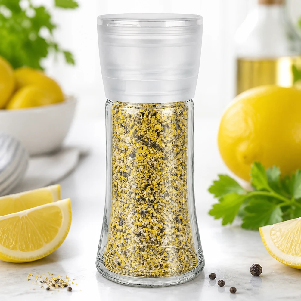 Sklenice na sůl/koření 95 ml s mlýnkem Vario bílá Bauchige Glasgewürzmühle 95ml Vario mit aromatischer Zitronenpfeffer-Salzmischung befüllt