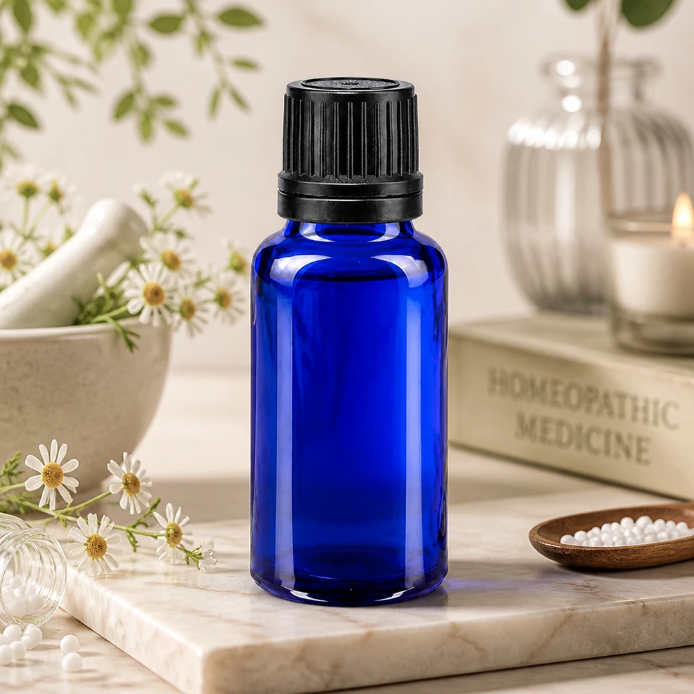 Rundschulter-Tropfflasche 20ml kobaltblau ApoGlas mit kindersicherem schwarzen Originalitätsverschluss