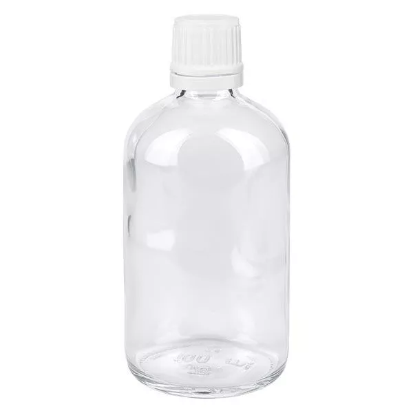 Lékárenská láhev čirá 100ml šroubovací uzávěr bílý s ochranou proti manipulaci.