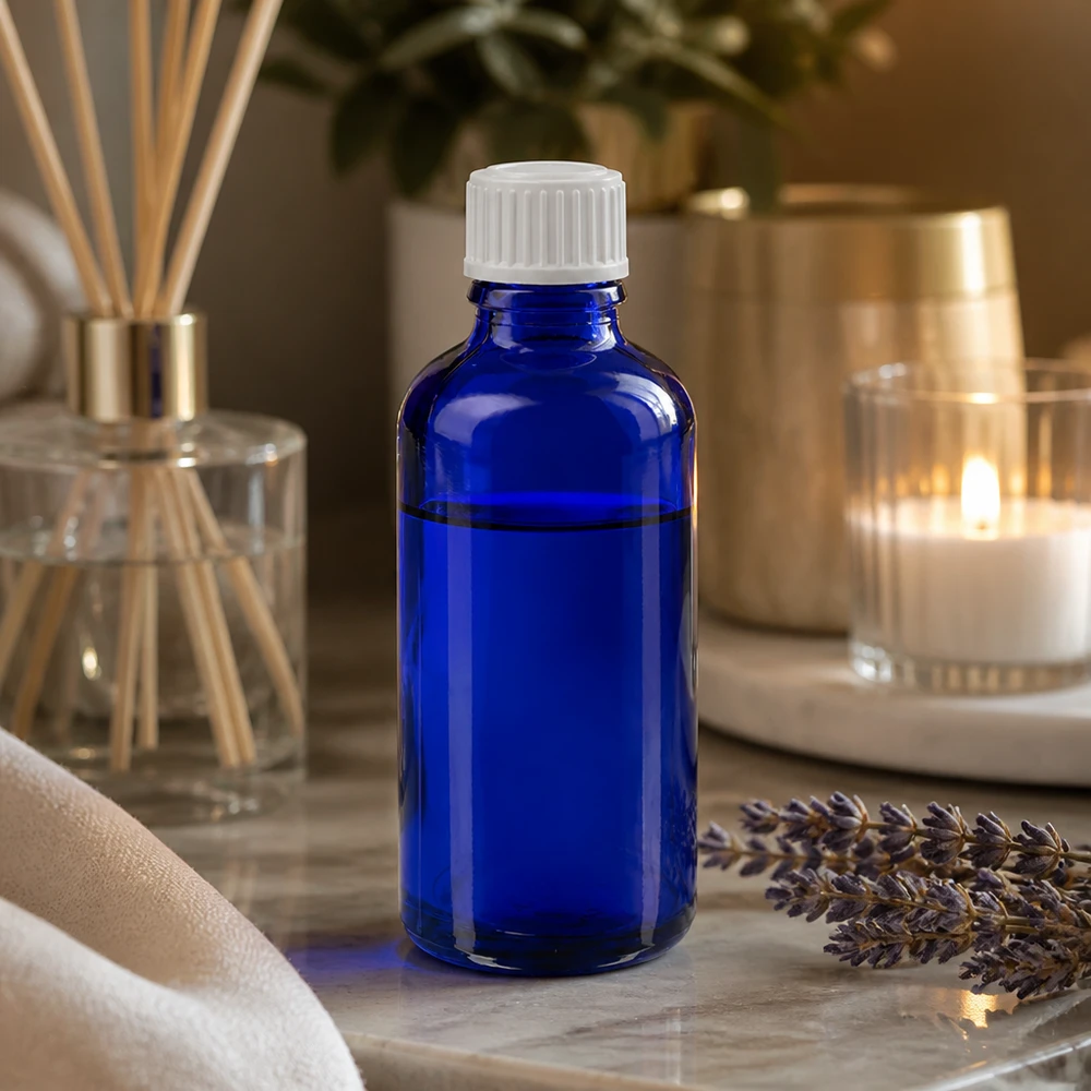 Aromatherapie-Tropfflasche 50ml kobaltblau ApoGlas mit kindersicherem Weißverschluss