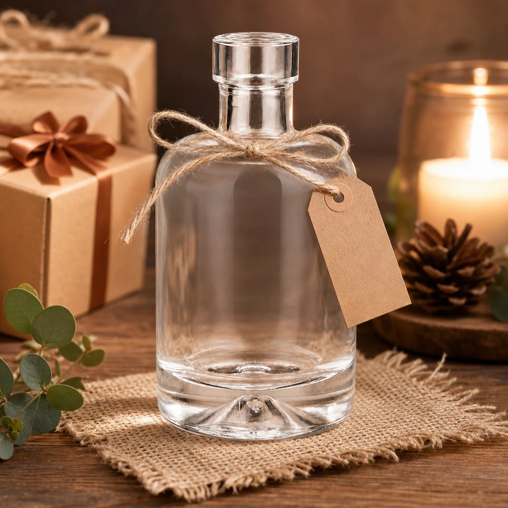 50ml Glasflasche Amelie leer mit Geschenkdekoration und Kerze zeigt edle Präsentation als Geschenkverpackung