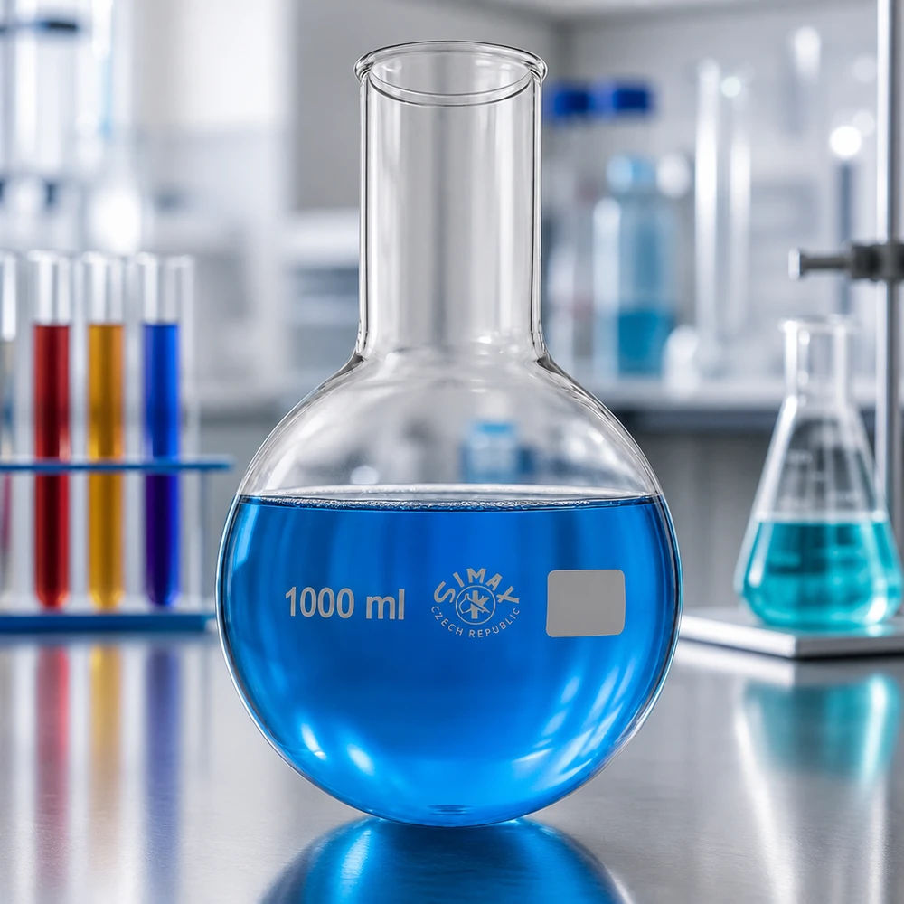 Baňka s kulatým dnem 1000ml široké hrdlo Rundkolben 1000ml mit stabilem Design für sichere Handhabung chemischer Lösungen