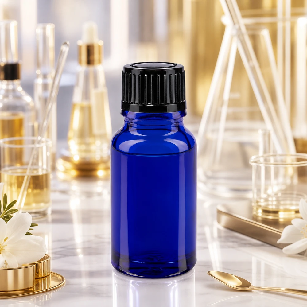 Lékárenská láhev modrá 10ml kapátko uzávěr 1mm černý standardní Hochwertige blaue Glasflasche 10ml mit Präzisionstropfer für Kosmetik und Pharmazie