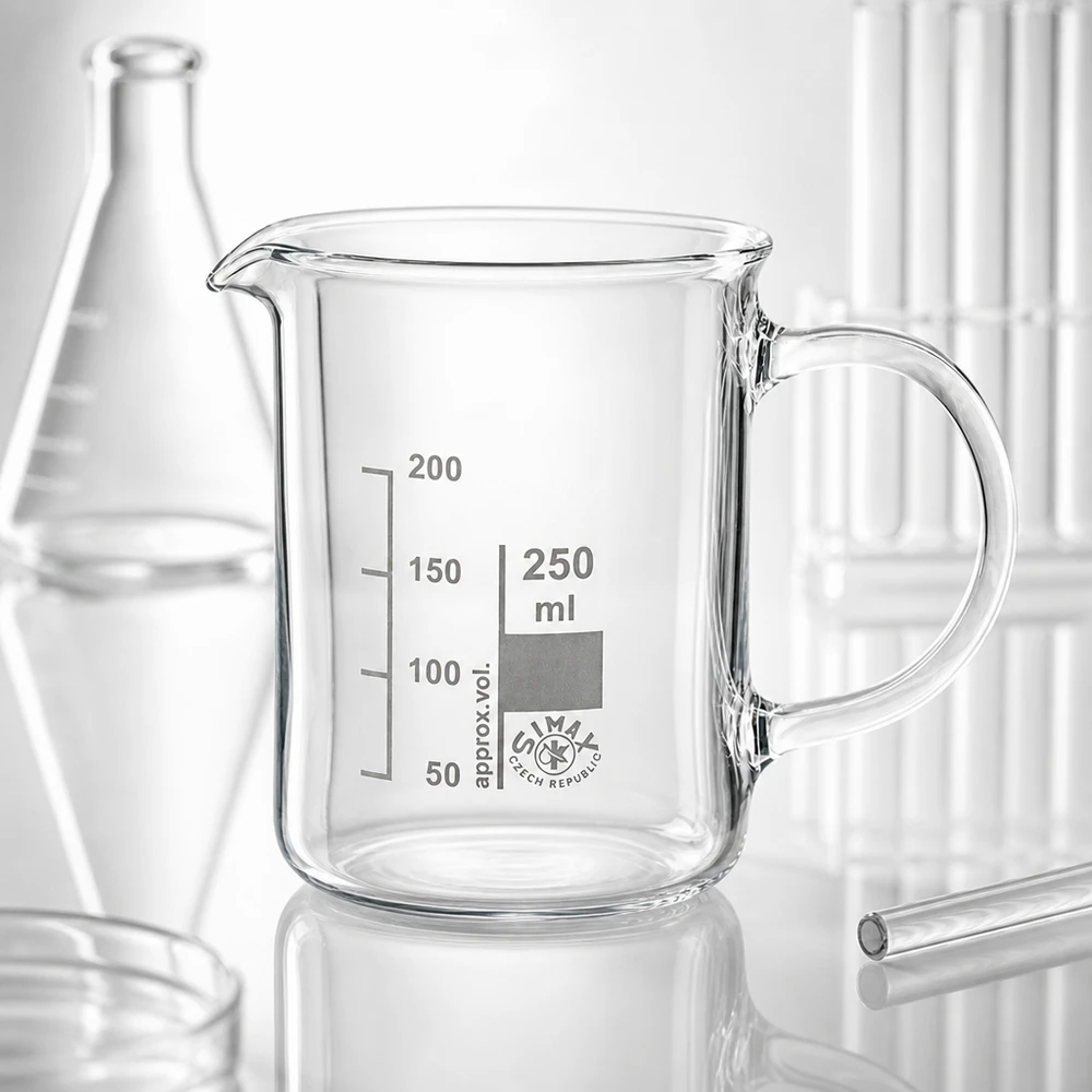 Kádinka z borosilikátového skla 250ml, s rukojetí Leeres Becherglas 250ml mit Henkel aus klarem Borosilikatglas umgeben von Laborgeräten