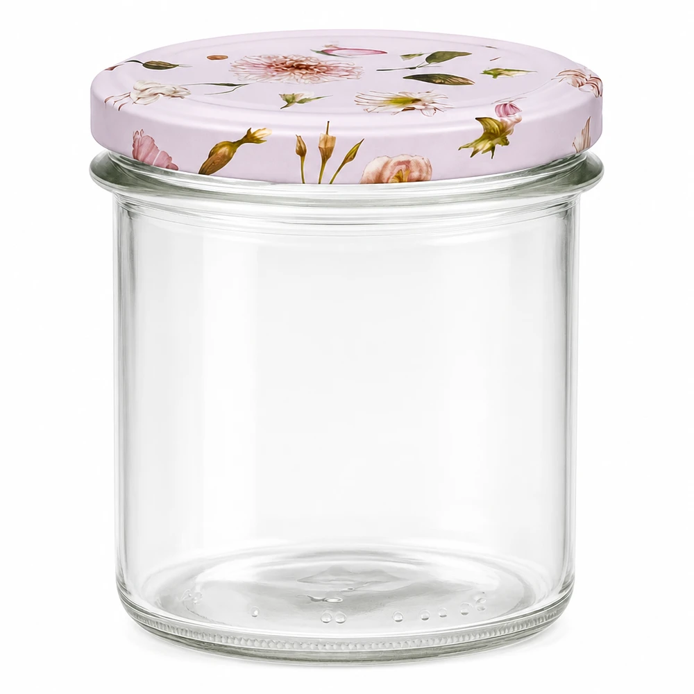 350ml sklenice + víčko BasicSeal flower pink UNiTWIST 350ml Sturzglas mit rosa Blumen Deckel BasicSeal Einmachglas transparent Marmeladenglas Vorratsglas
