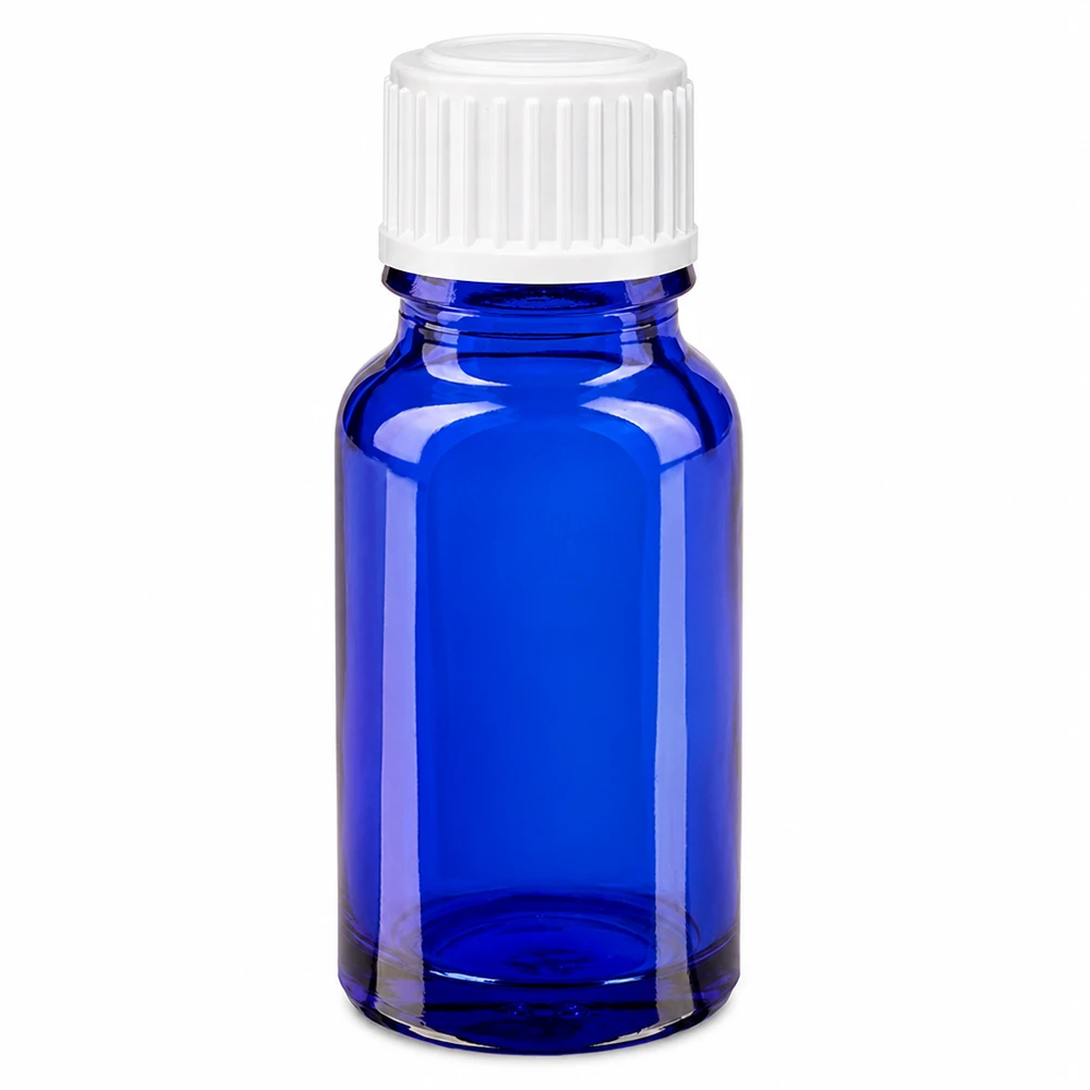 Lékárenská lahvička modrá 10ml šroubovací uzávěr bílé globule standardní. Apothekenglas blau 10ml Rundfl asche mit weißem Verschluss für ätherische Öle