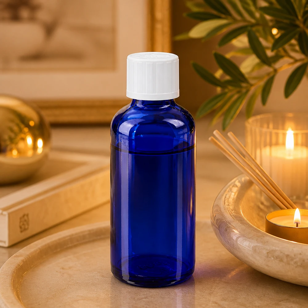 Lékárenská láhev modrá 50ml šroubovací uzávěr bílý standardní odolný proti otevření dětmi. Dunkelblaue 50ml Apoflasche mit weißem Standardverschluss auf Marmor mit goldenen Accessoires