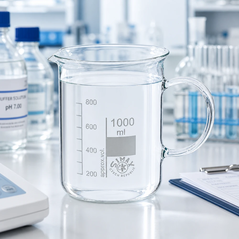 Kádinka 1000ml z borosilikátového skla, s rukojetí Chemiebecher 1000ml mit Henkel neben pH-Pufferlösung und Klemmbrett im Laboralltag