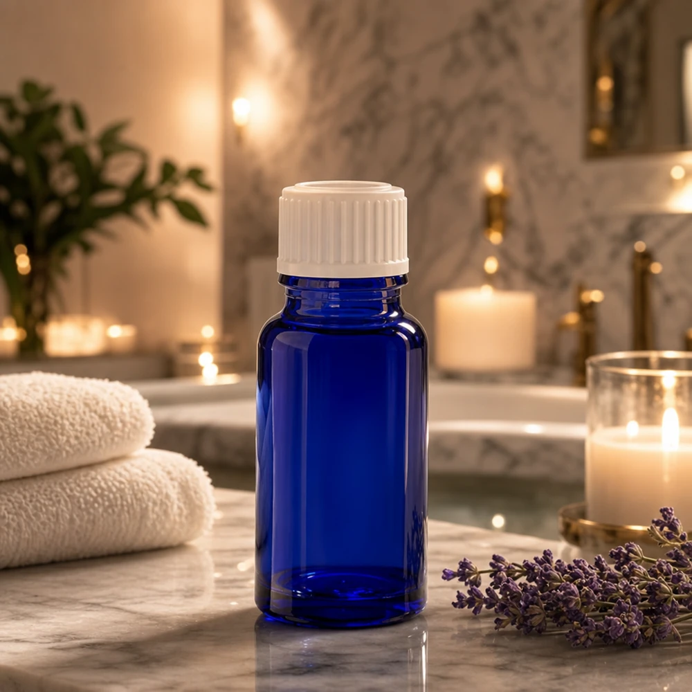Lékárenská lahvička modrá 10ml šroubovací uzávěr bílé globule standardní. Professionelle blaue 10ml Pharmaglasflasche mit weißem Verschluss in Wellnessumgebung