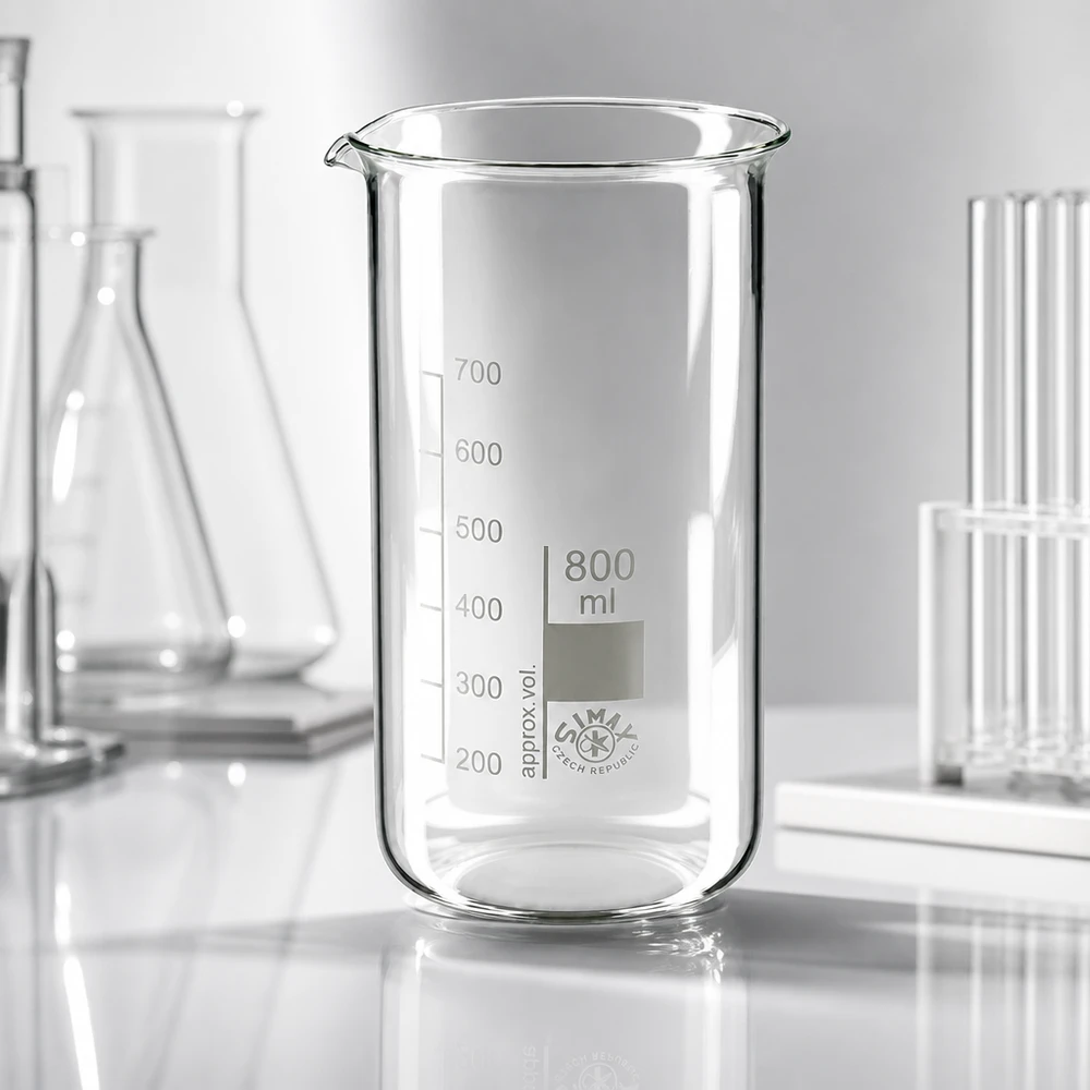 Kádinka 800ml z borosilikátového skla, vysoký tvar Becherglas 800ml hohe Form Produktfoto Seitenansicht mit sichtbarem Ausguss und Skalierung